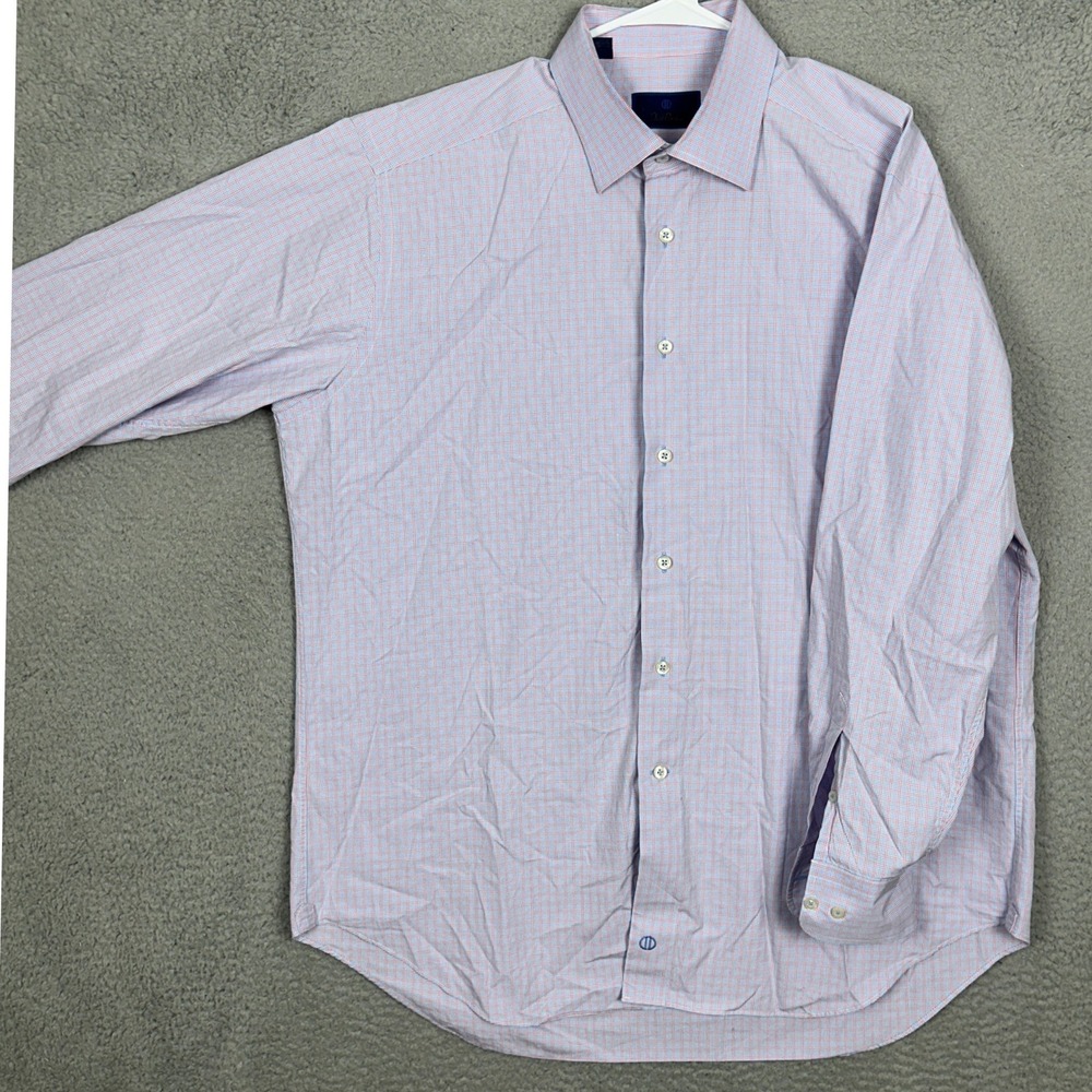 David Donahue Shirt Mens 17.5 34-35 Blue Red Micro Check Dress Button Down EUC